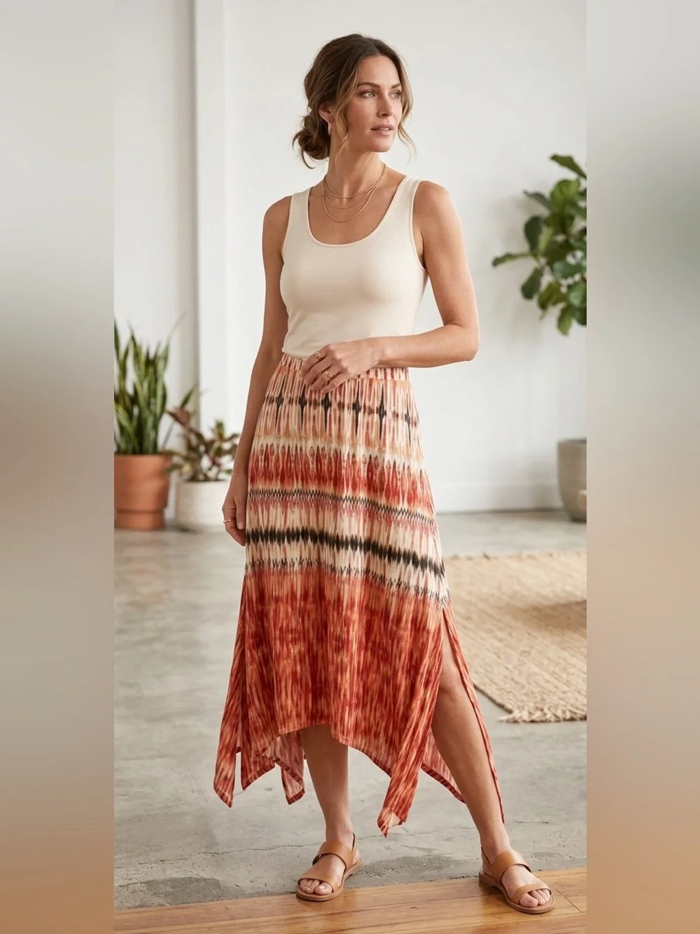 Chico's Bohemian Maxi Skirt 2 L/XL Abstract Ikat Print Handkerchief Hem Flowy